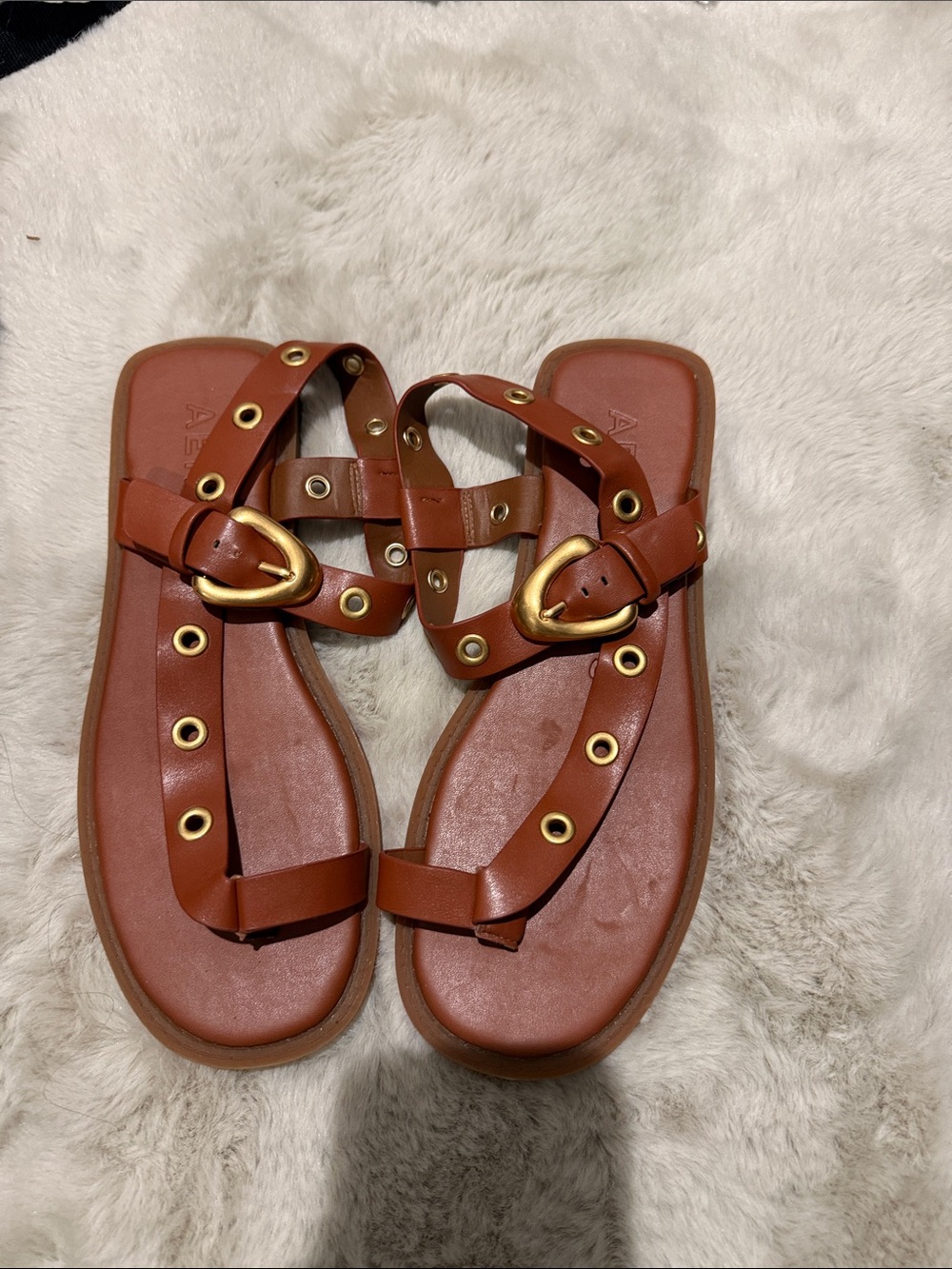 Aerosoles Women's Cognac Leather Grommet Strap Sandals with Gold Buckle NEW